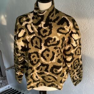 ZARA Animal Print Mock Neck‎ Cardigan Sweater women Size M Green Cream Black